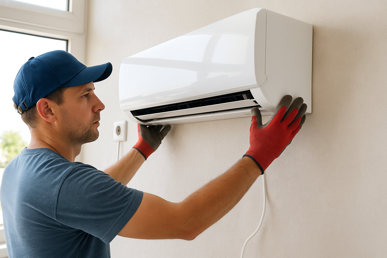 Alanya’da yeni klima montajı öncesi duvar ölçümü yapan bir teknisyen, iç ünite için ideal konumu belirliyor.