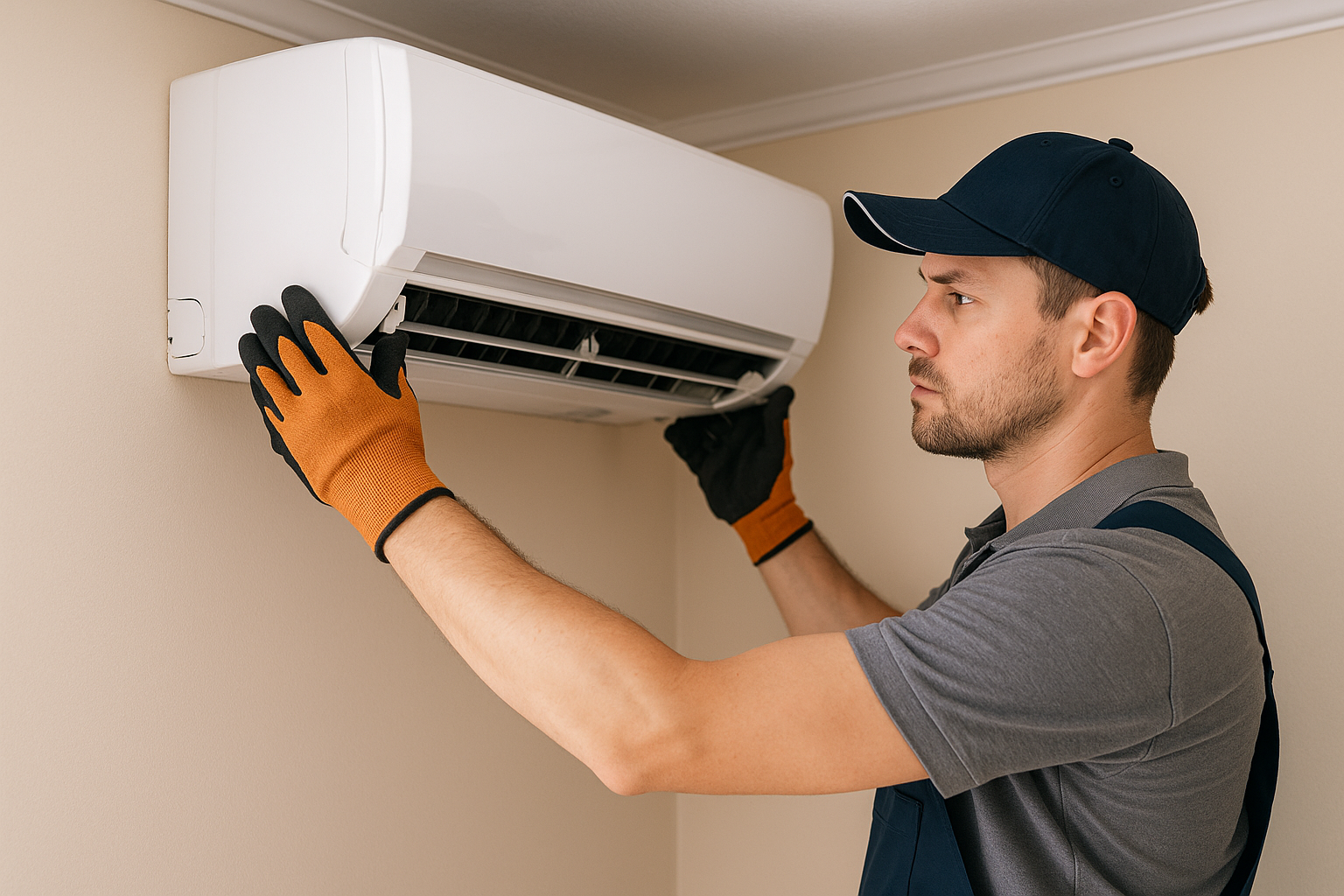 Alanya’da bir evin salonunda duvar tipi split klima iç ünitesi montaj aşamasında.