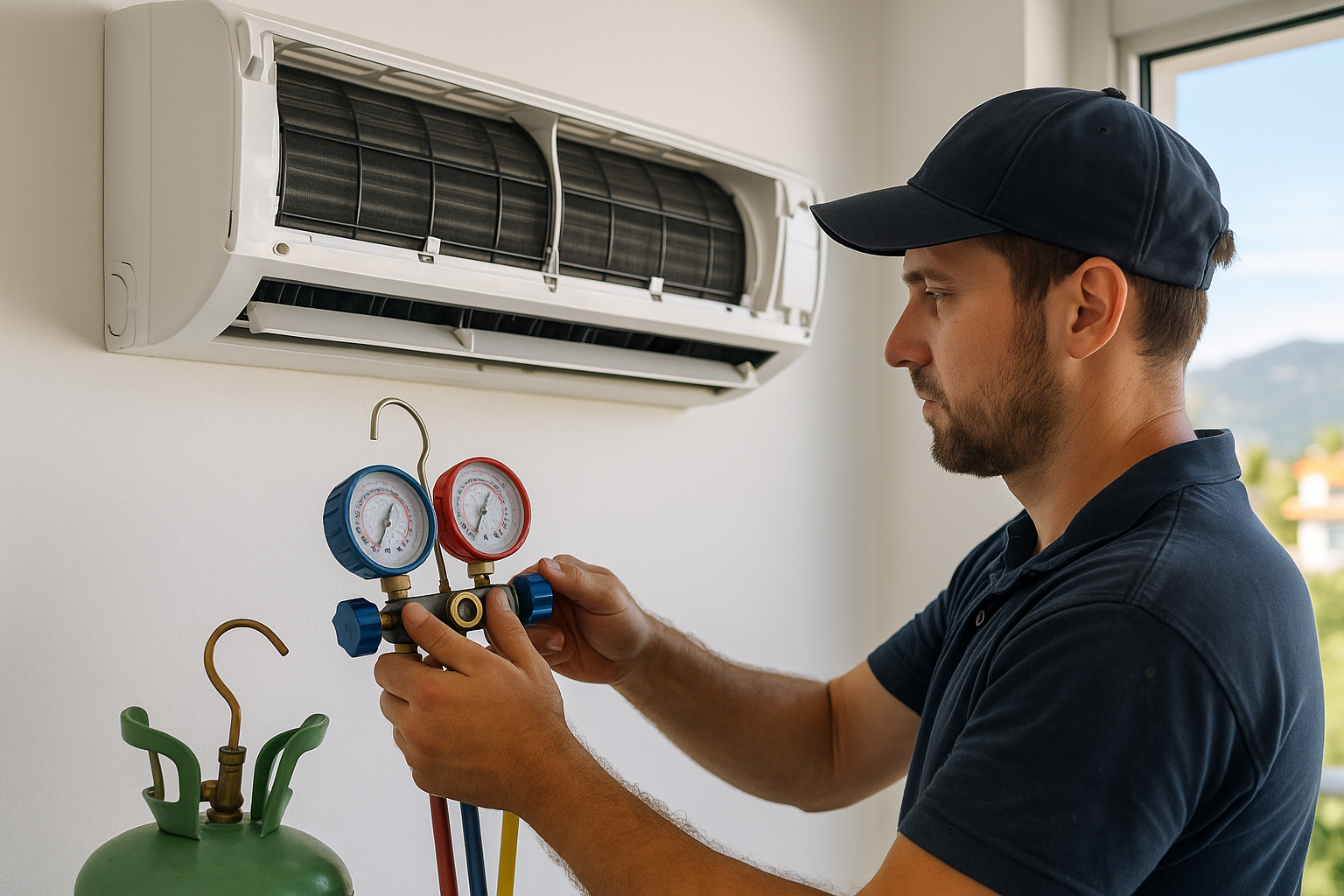 Klima gaz basımı sırasında kullanılan tüpler, hortumlar ve dijital ölçüm cihazları Alanya’daki bir servis aracında hazır halde bekliyor.