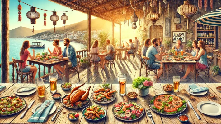 Alanya Enginar Restaurant’ta Akdeniz mutfağına ait şık bir tabakta servis edilen deniz ürünlü ana yemek