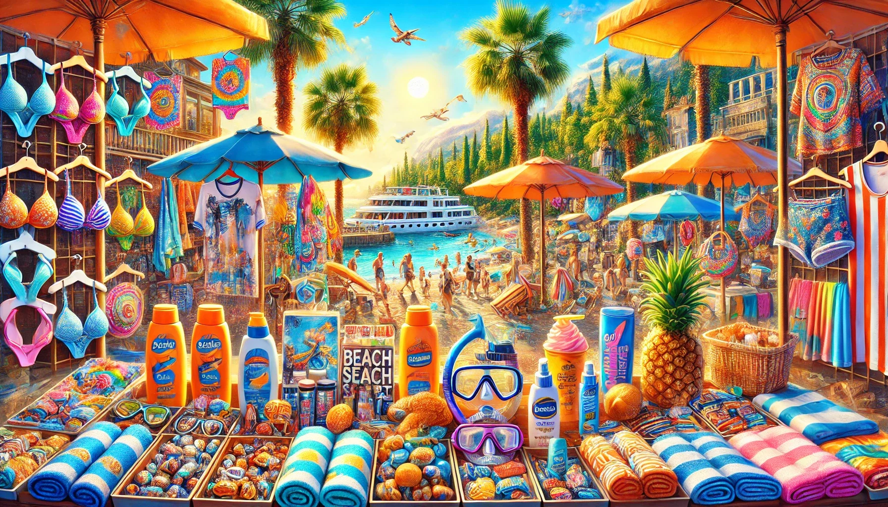 Alanya yaz sezonunda plaj havluları, güneş kremleri, dondurmalar ve hediyelik eşyaların sergilendiği canlı bir sahil pazarı.