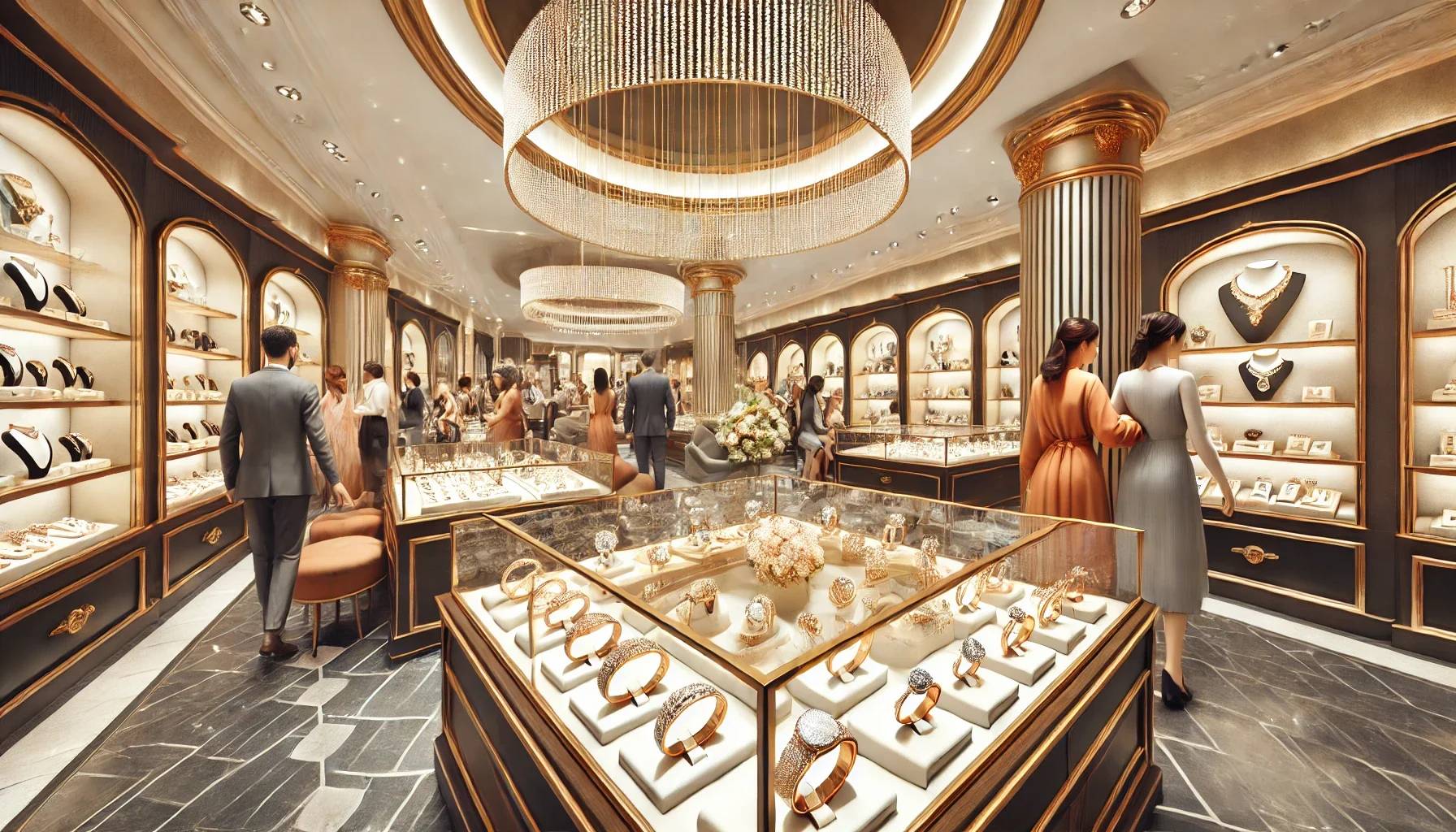 Alanya'daki kuyumculuk mağazalarında altın, pırlanta ve özel mücevherlerin sergilendiği vitrinler.