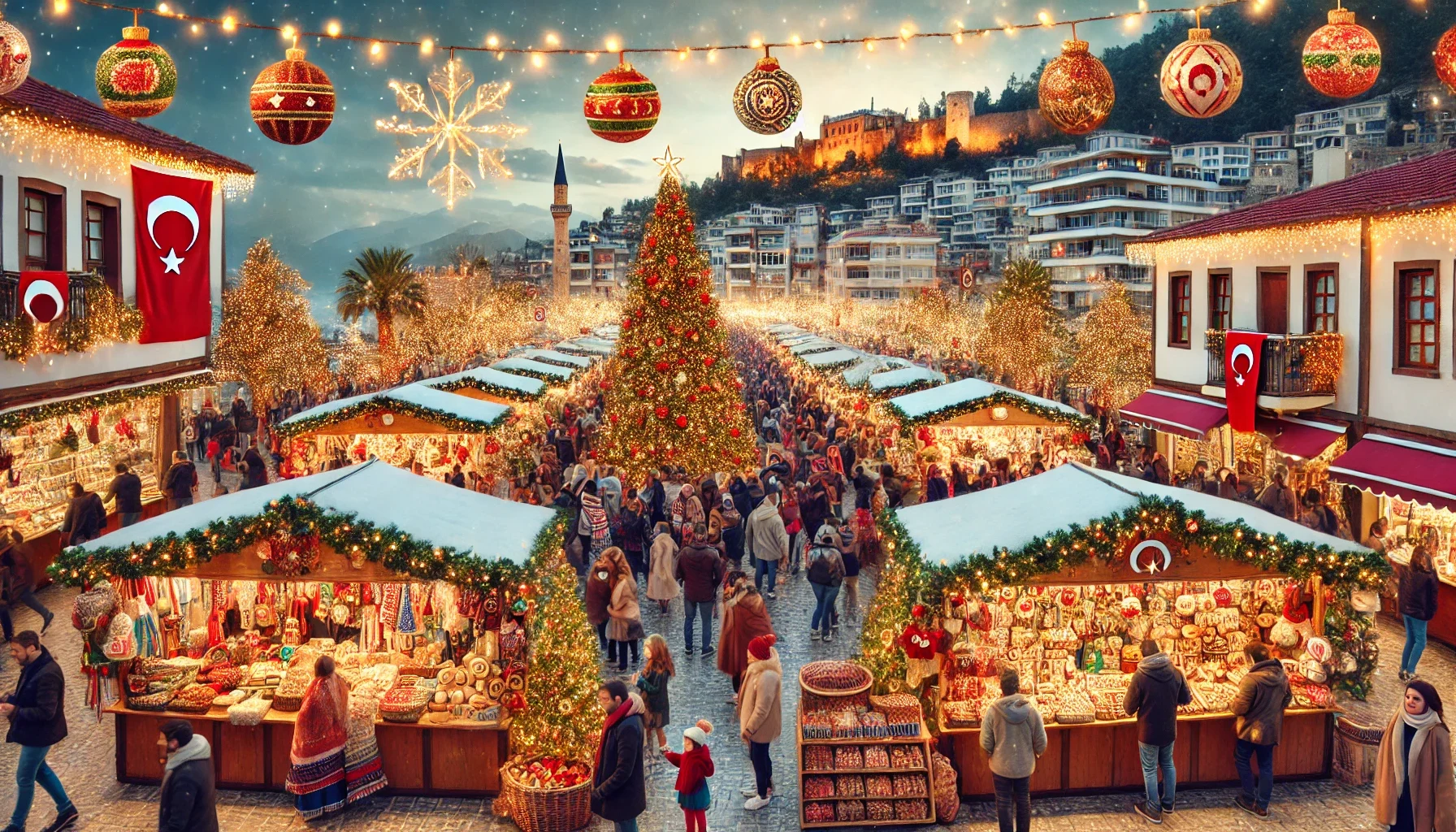 "Alanya’da yılbaşı alışverişi: Hediyelik eşyalar, süslemeler ve ışıl ışıl bir yılbaşı atmosferi sunan renkli pazarlar ve caddeler."