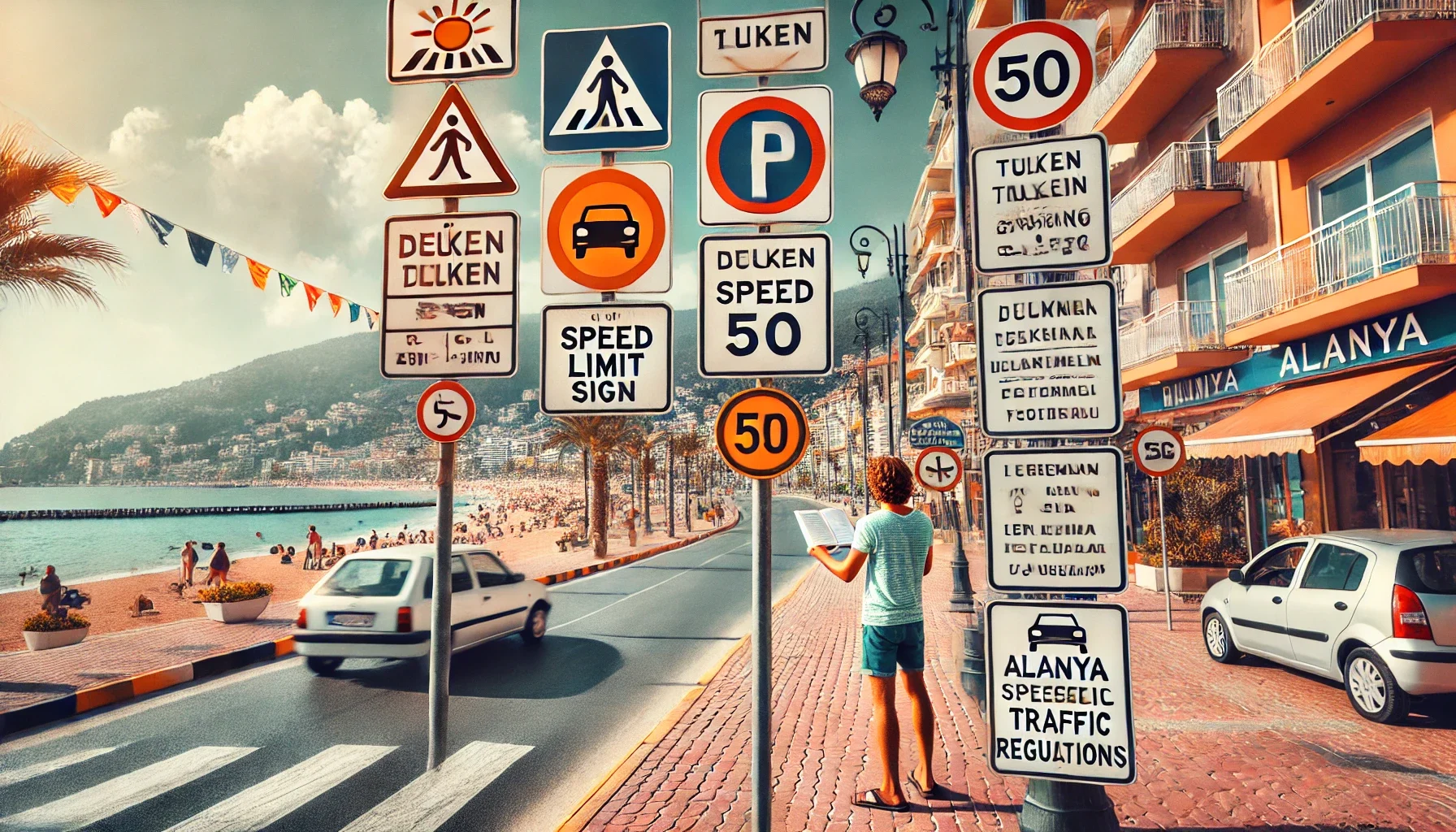 Alanya’da araç sahipleri için özel trafik kurallarını içeren uyarı levhası."