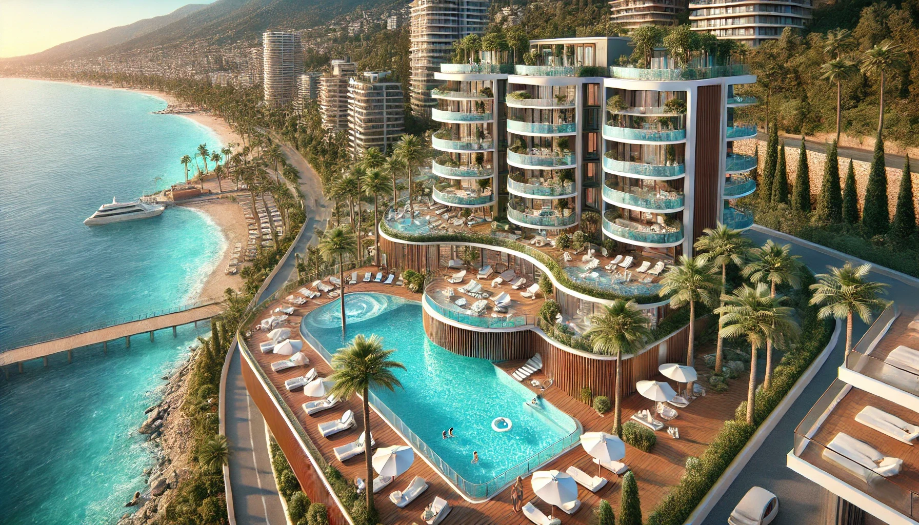 Geniş cam cepheli, deniz manzaralı dairelerin iç mekanı ve balkon dekorasyonu.