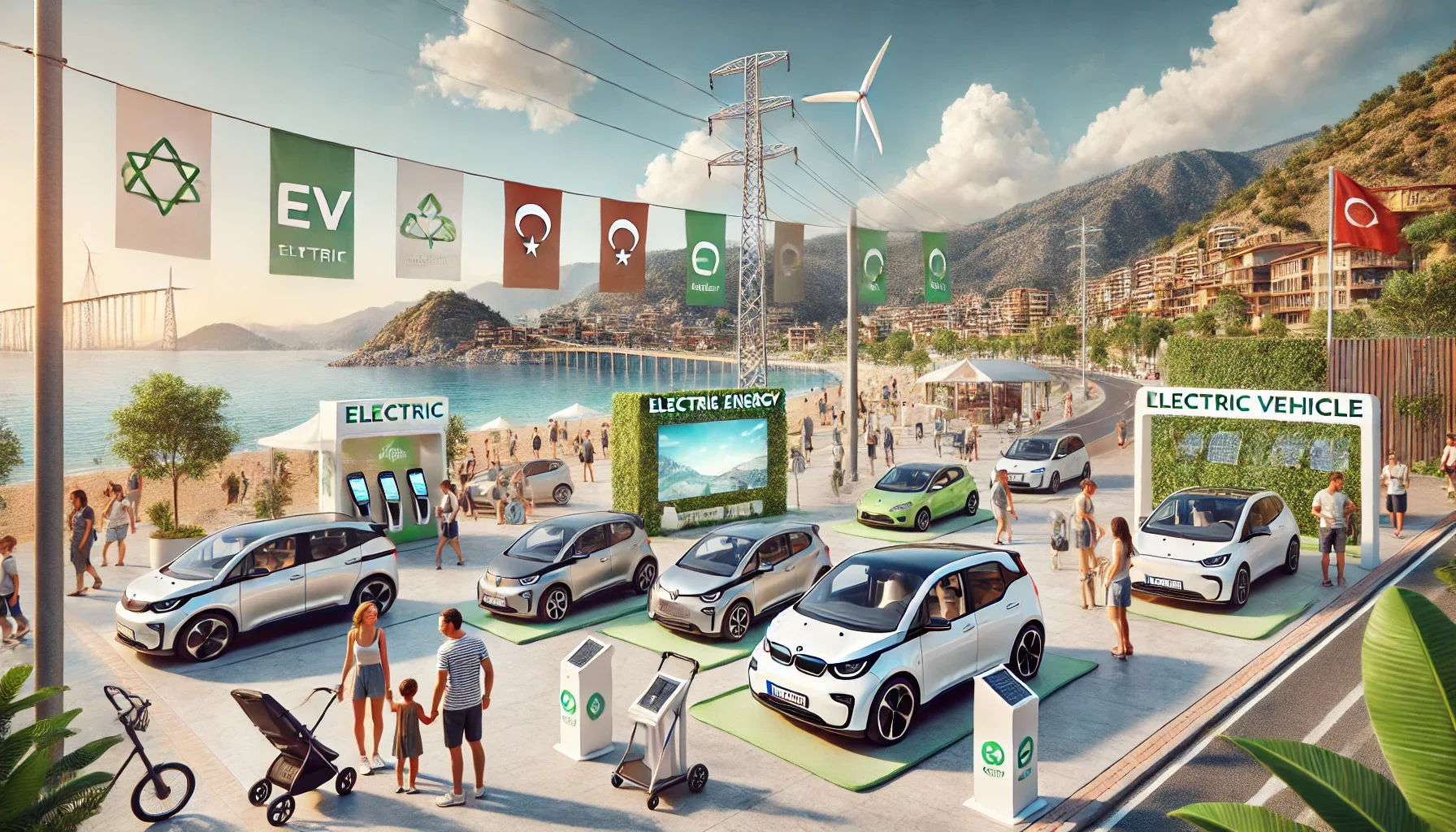 Alanya’da elektrikli araçların popülerleştiğini gösteren şarj istasyonları ve modern araçlar."