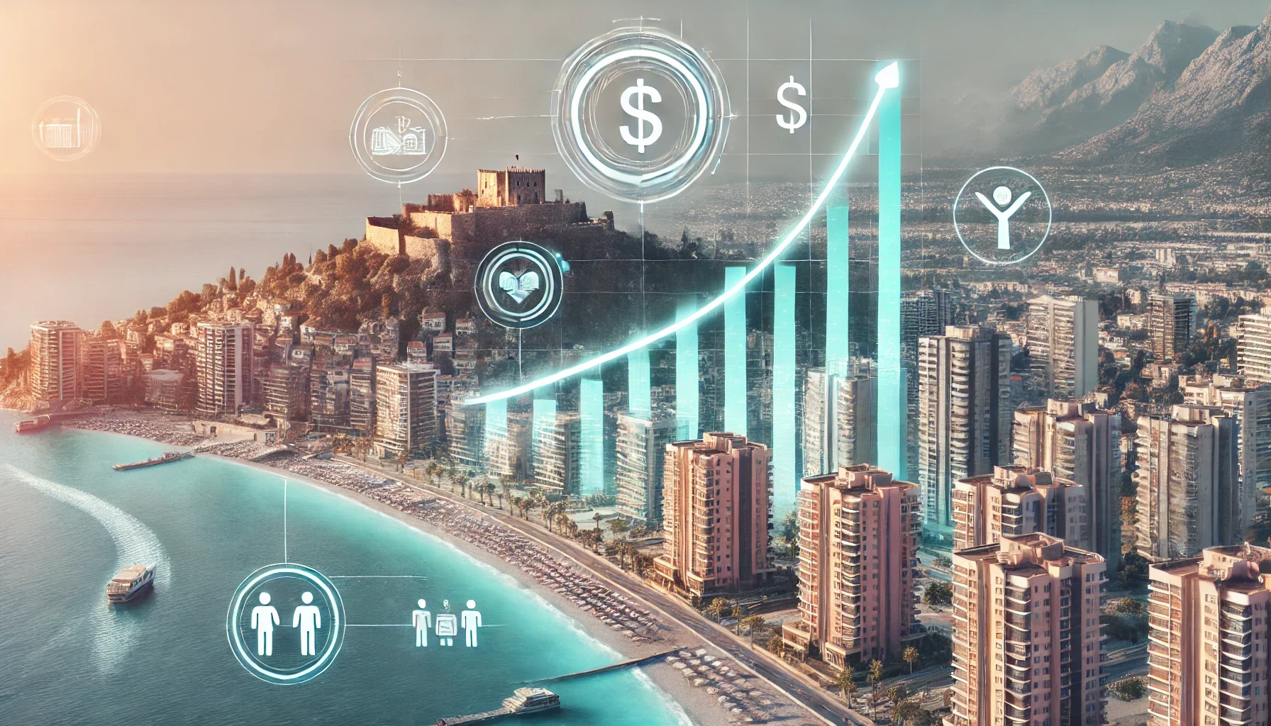 "Akdeniz kıyısında Alanya’nın kiralık konut piyasası ve fiyat trendlerini açıklayan infographic."