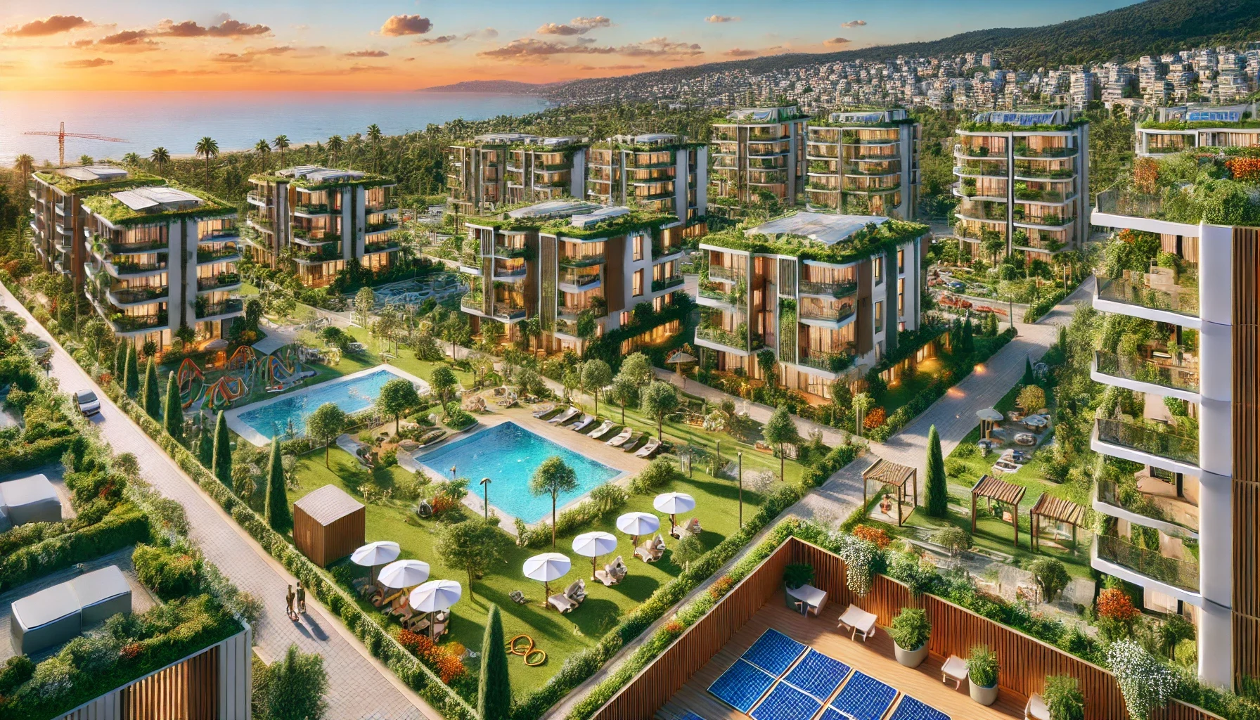 "Alanya'da çevre dostu mimariyle inşa edilmiş modern ve ekolojik yeni nesil alanlarının havadan görünümü."