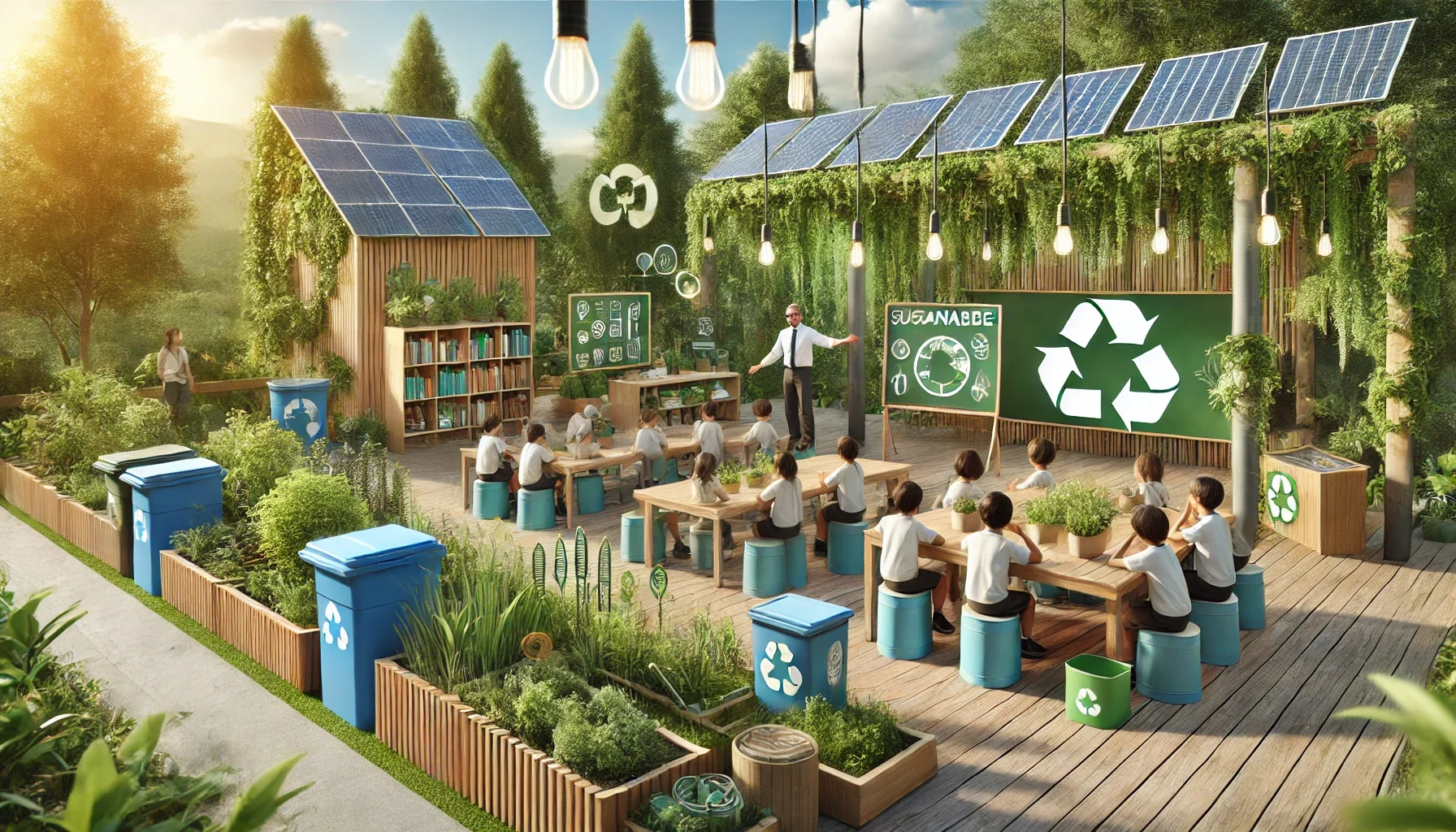 "İklim dostu okul uygulamalarını ve sürdürülebilir eğitim projelerini gösteren bir okul bahçesi."