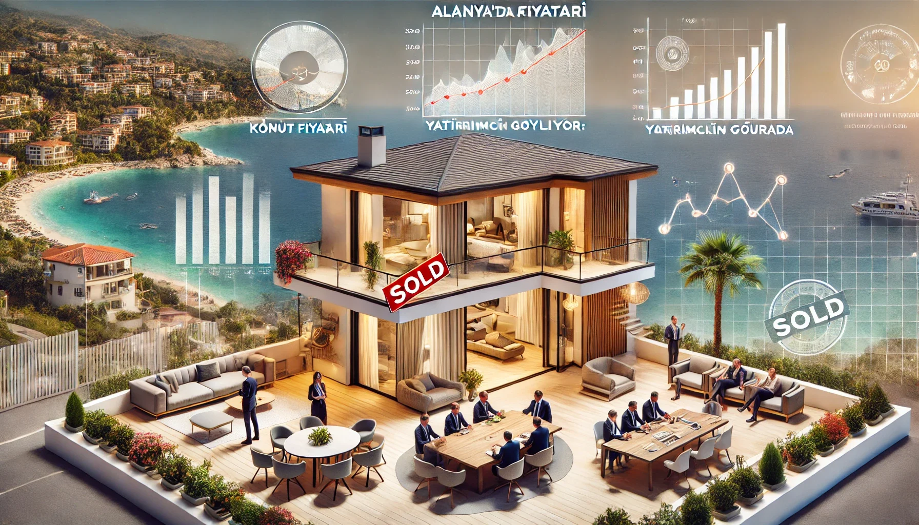 "Akdeniz kıyısında, Alanya’da konut fiyatlarındaki artışı vurgulayan modern emlak sahnesi."