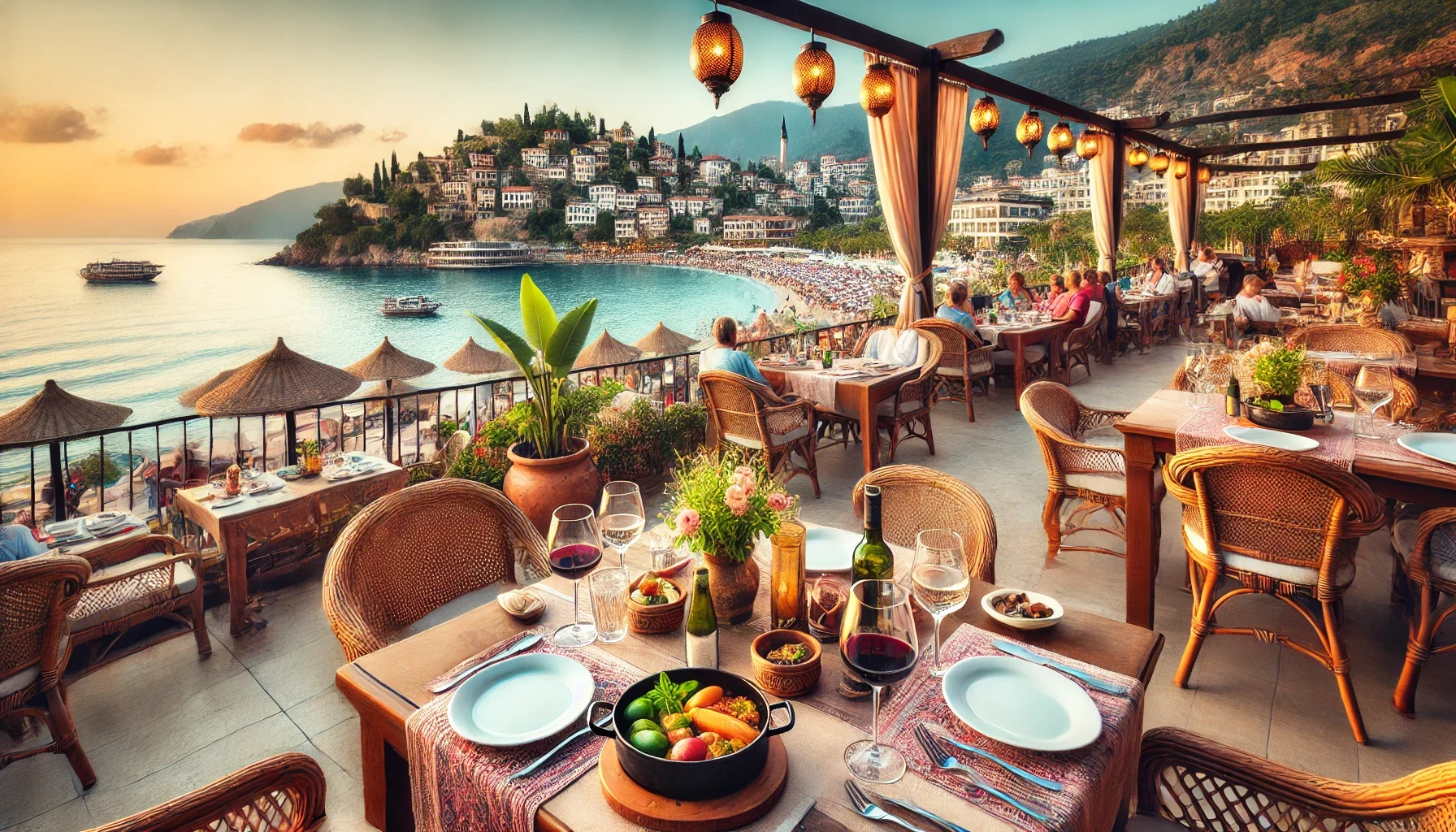 Alanya’da alkol servisi yapan bir restoranın deniz manzaralı masası."