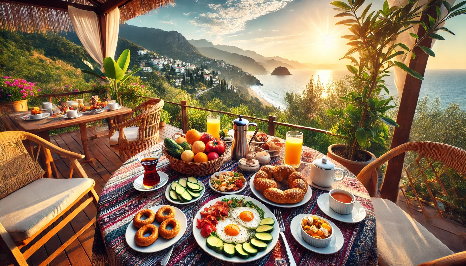 "Alanya’da manzaralı bir kahvaltı mekanları zengin serpme kahvaltı."