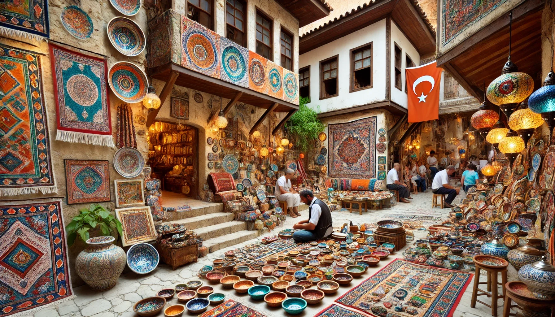 Alanya’nın renkli çarşısında, el yapımı yerel sanat eserleri ve zanaatkar ürünleri.