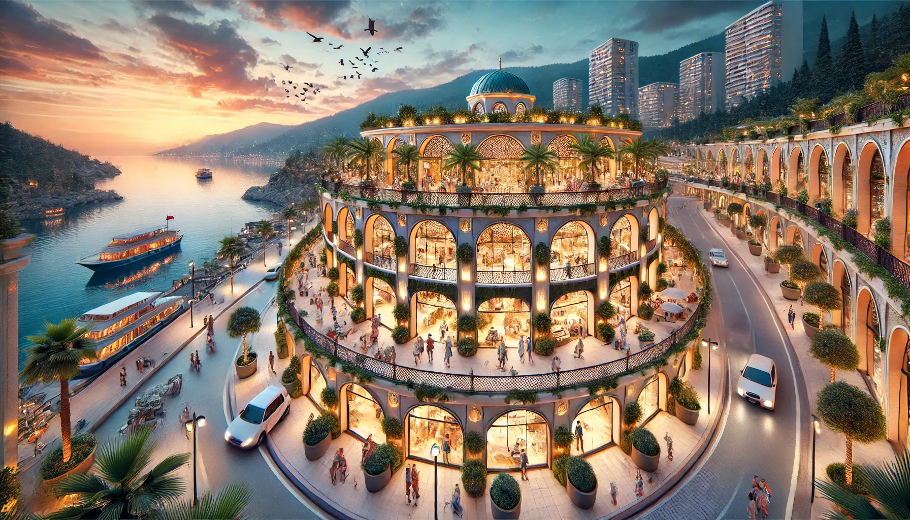 "Sahil kenarındaki Alanya caddelerinde bulunan lüks markalara ait mağaza vitrinleri."