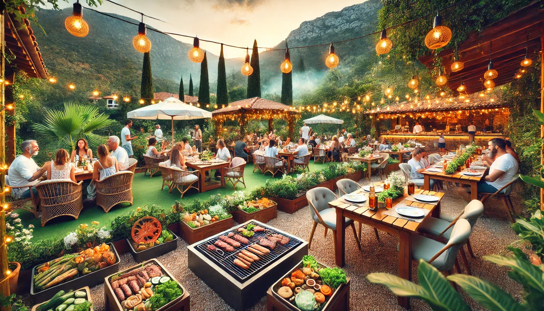 Alanya’da açık havada barbekü keyfi sunan bir restoranın masası."