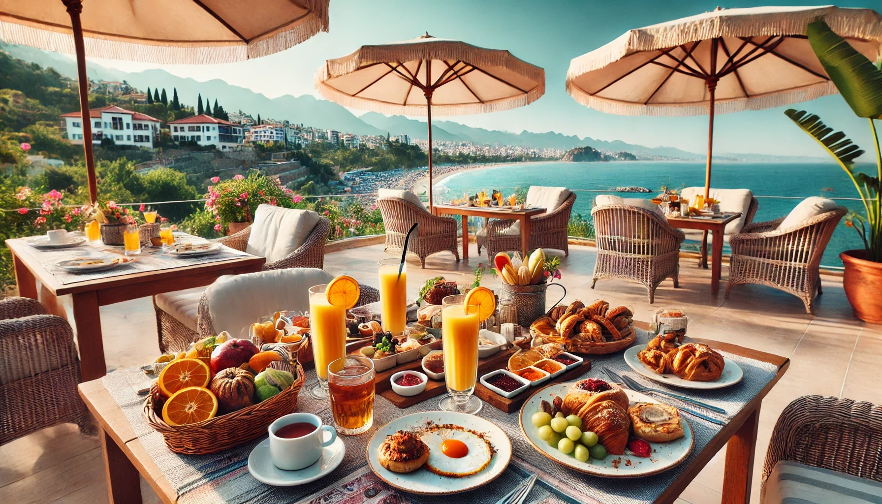 Alanya’da deniz manzarası eşliğinde zengin bir brunch sofrası ve brunch mekanları...