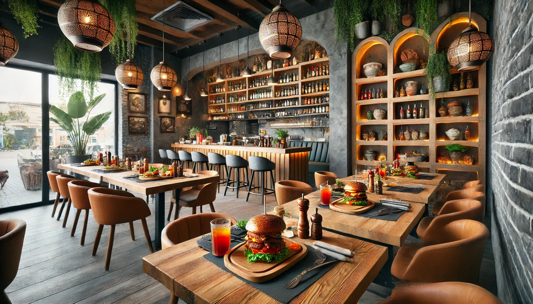 "Alanya’da gurme burger seçenekleri sunan modern bir restoran."