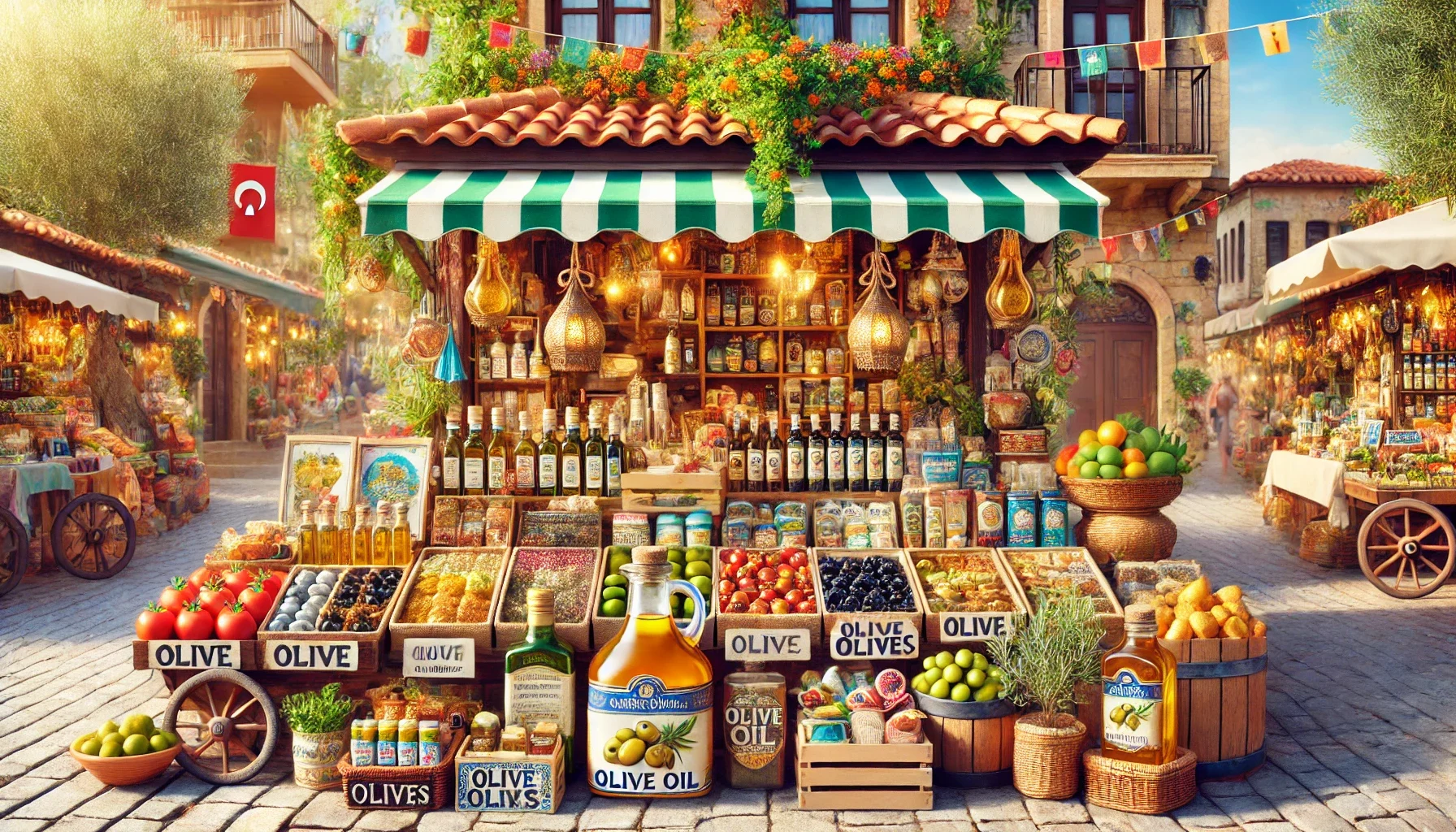 "Alanya'da hediyelik şık ambalajlı zeytin ve zeytinyağı ürünleri, Akdeniz'in doğal lezzetleriyle dolu bir tezgah üzerinde sergileniyor."