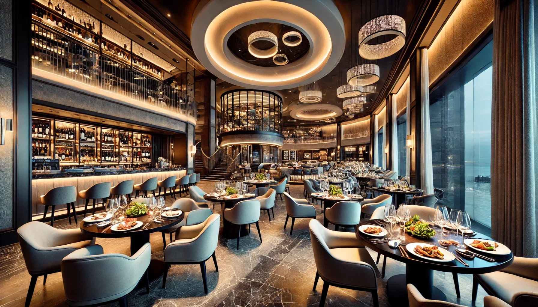 Alanya’da romantik bir akşam yemeği için şık bir restoranın zarif atmosferi."