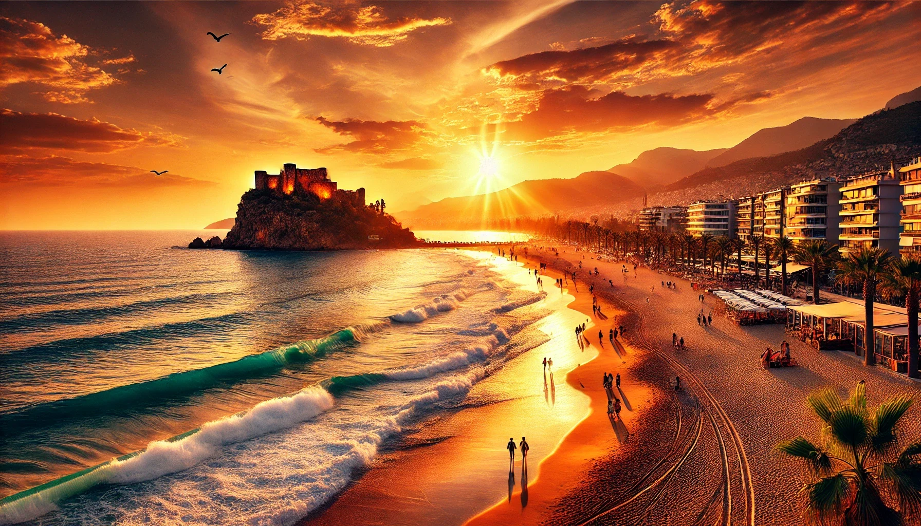 "Alanya’daki ünlü Kleopatra Plajının gün batımı manzarası."