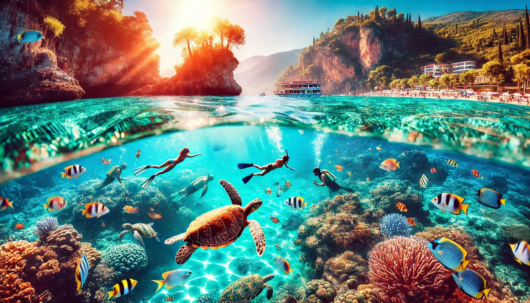 Alanya’da kristal berraklığında sularda şnorkelle dalış yapan bir gezgin."