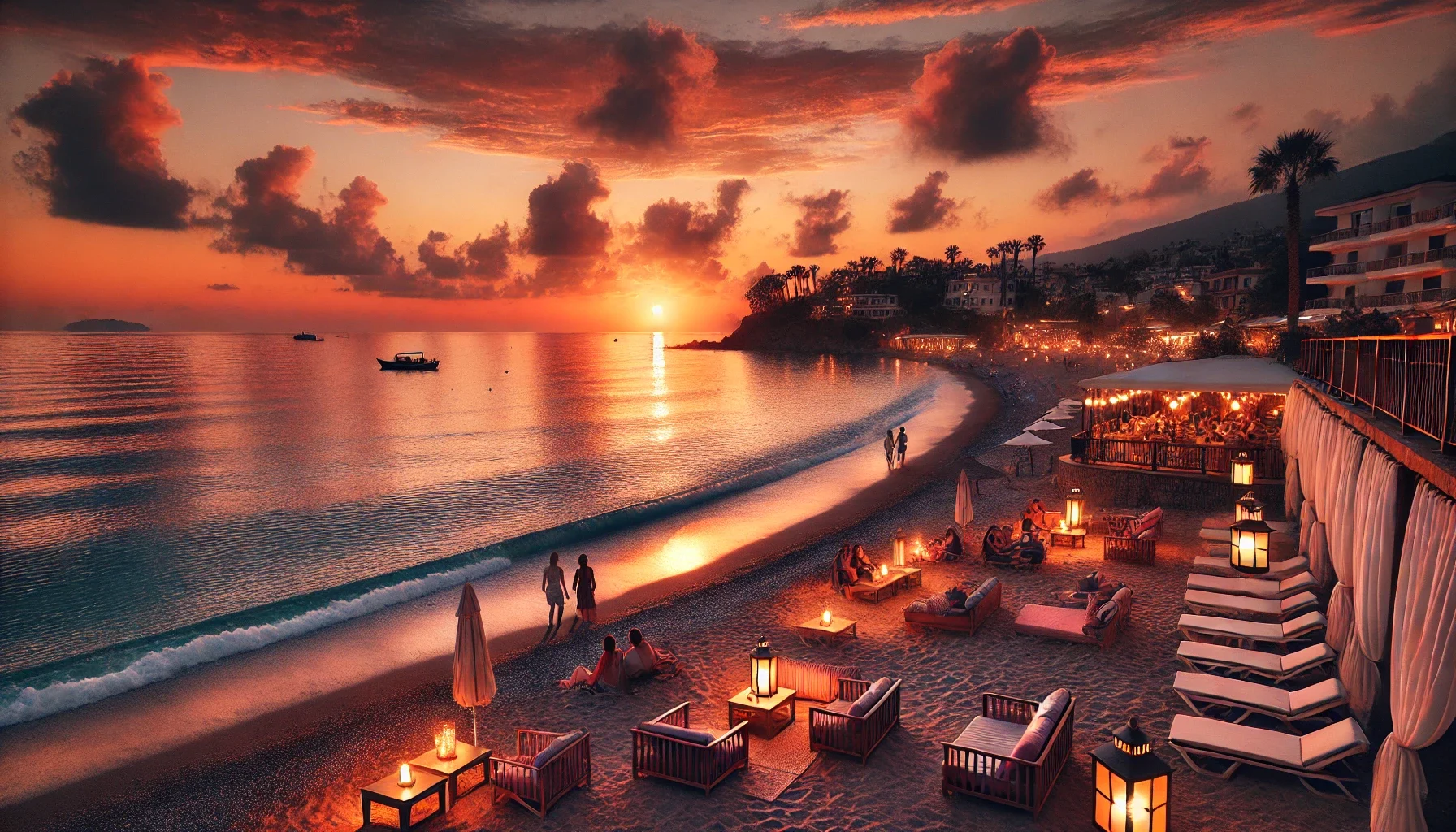 Alanya’da gün batımı manzarasıyla denize nazır romantik bir plaj.