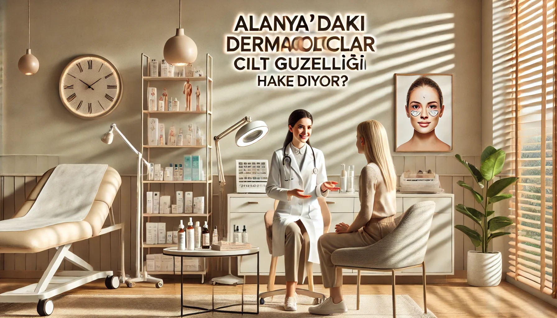 Dermatoloji kliniğinde cilt bakımı hakkında uzman dermatologlar tavsiyeleri alan bir müşteri.