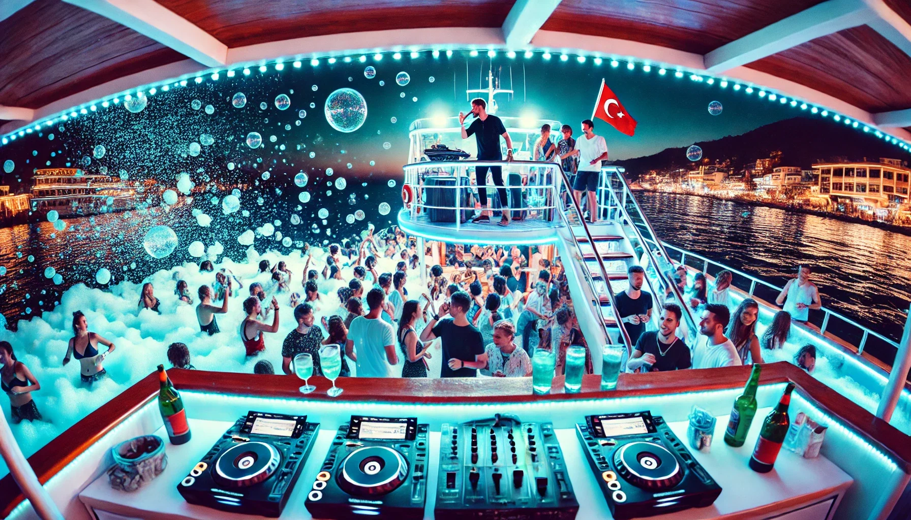 "Alanya’da müzik, dans ve köpük şovlarıyla eğlence dolu tekne partileriyle unutulmaz bir gece yaşayın.