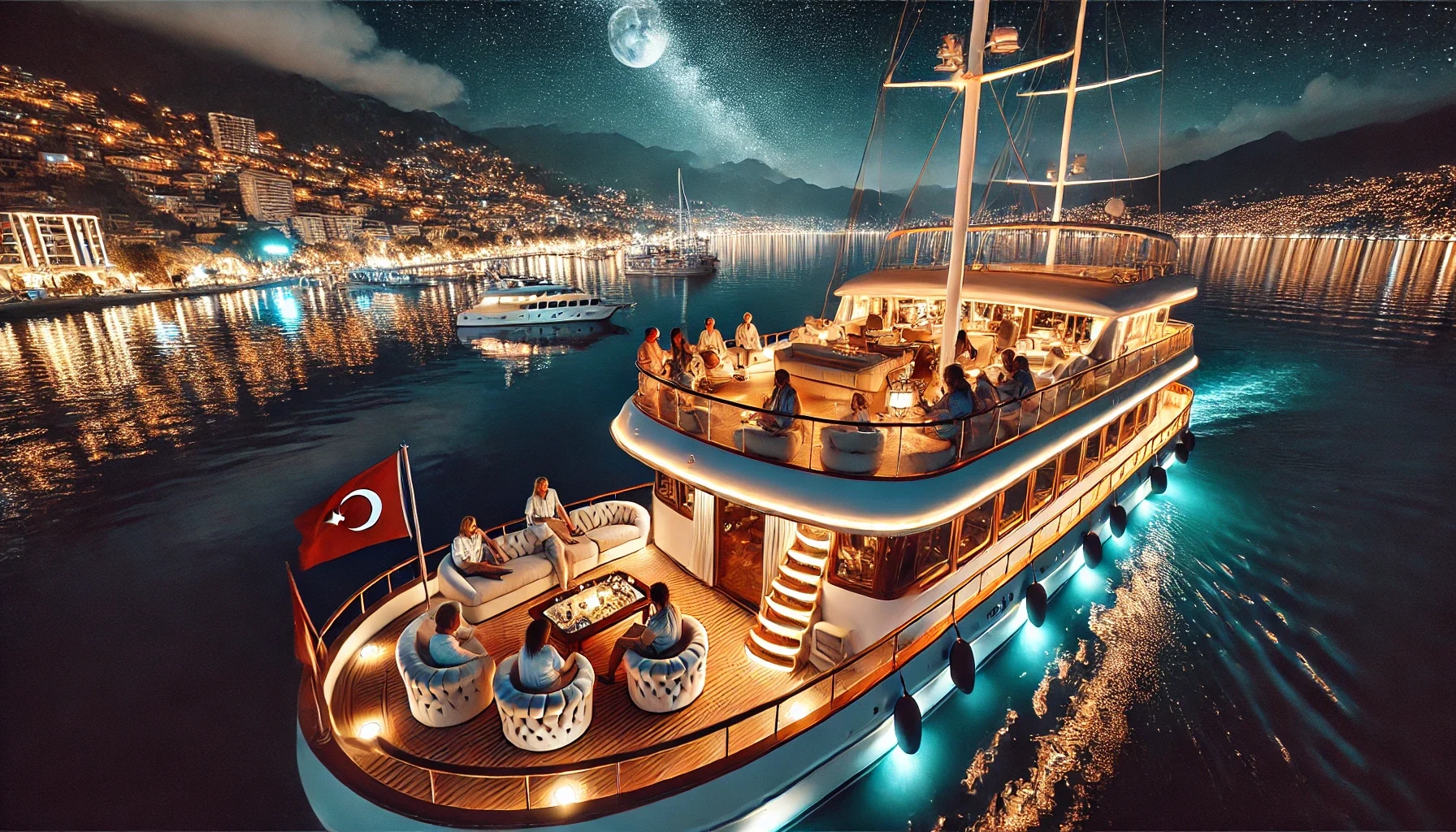 Alanya’da gece tekne turları ile yıldızlar altında huzurlu ve romantik bir deniz yolculuğu yapın."