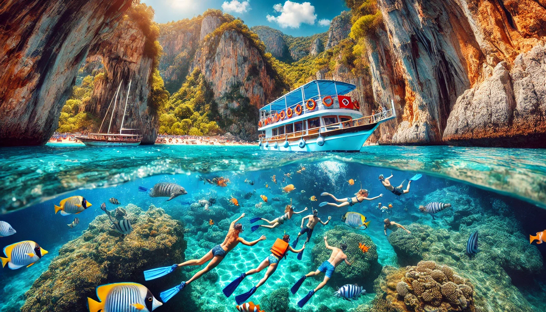 "Alanya’da tekne turları ile Akdeniz’in berrak sularında şnorkelle dalış yaparak su altı dünyasını keşfedin."