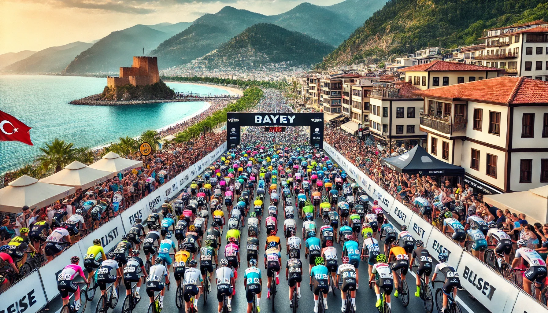 "Alanya sahil yolunda Gran Fondo bisiklet yarışçıları hızla ilerliyor."