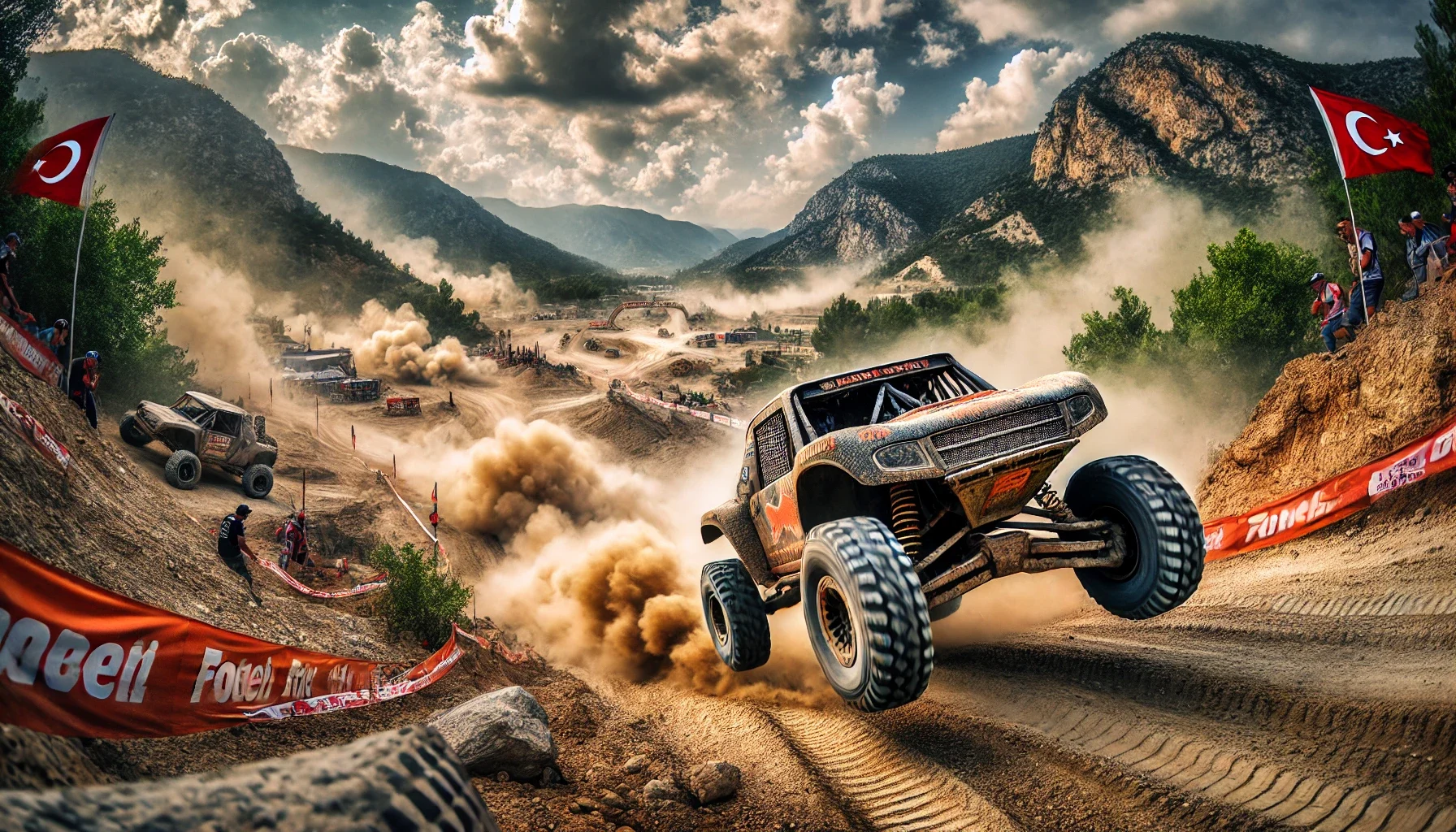 "Alanya Off-Road yarışlarında çamurlu parkurda mücadele eden arazi araçları."