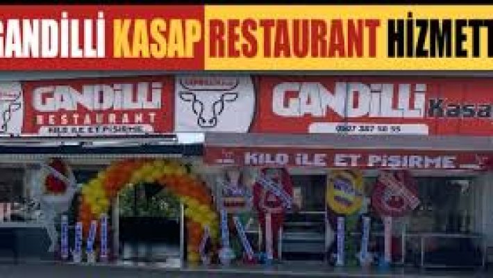 Gandilli Restaurant & Kasap dış cephesi ve içeride sergilenen taze etler ile yemek masaları